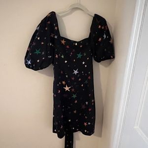 Black Farm Rio Dress with Tie Back and Puff Sleeves, Star Print